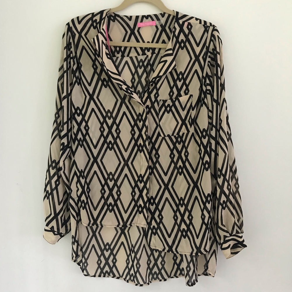 Isaac Mizrahi NY Beige Black Geometric Button-Front Women’s High Low Blouse 12